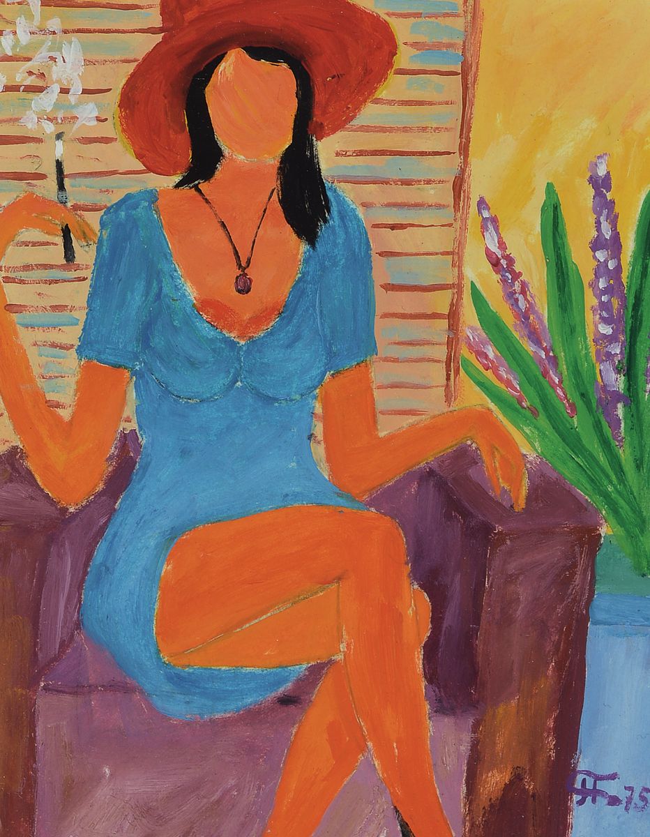 Boris Pavlov, 1928-2005, Vivien im Hotel- Foyer in St.Tropez, monogrammiert in kyrillische Schrift P.75, Öl/Karton, verso Etikett des Nachlass ...