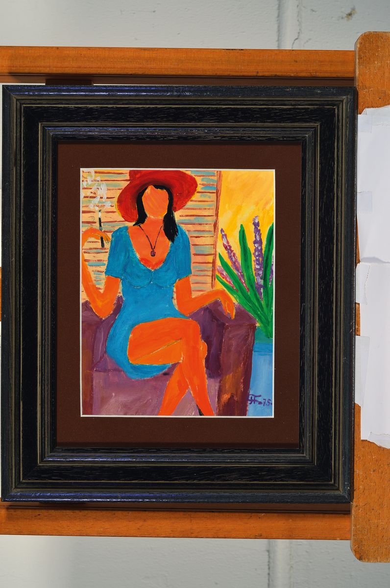 Detail k: Boris Pavlov, 1928-2005, Vivien im Hotel- Foyer in St.Tropez, monogrammiert in kyrillische Schrift P.75, Öl/Karton, verso Etikett des Nachlass ...