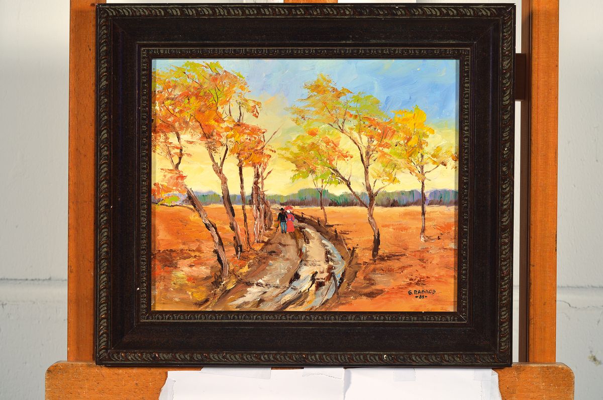 Detail k: Boris Pavlov, 1928-2005, Spaziergang im Herbst bei Dijon im Burgunderland, Öl/Karton sign., dat. 88, verso Etikett des Nachlass- Nr. 36-2137a , ...