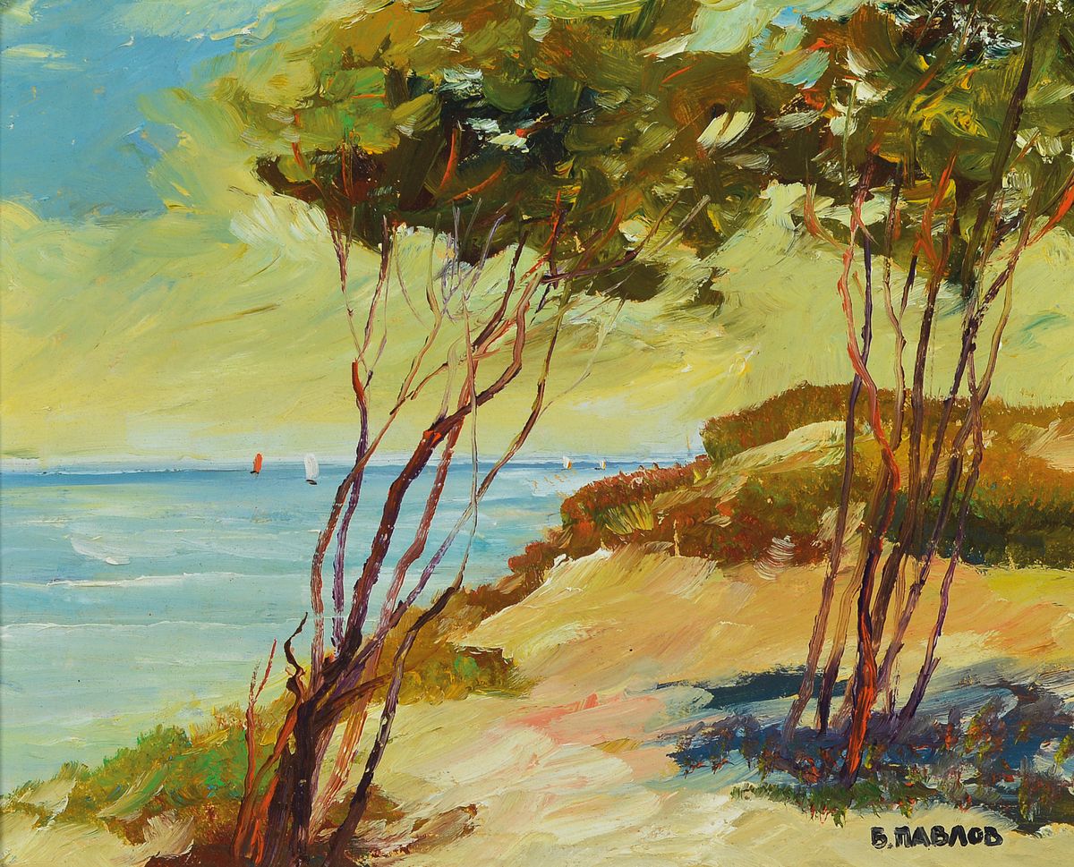 Boris Pavlov, 1928-2005, An der Französische Küste bei St.Tropez, Öl/Karton, sign., verso Etikett des Nachlass-Verwalters mit Nachlass-Nr. ...