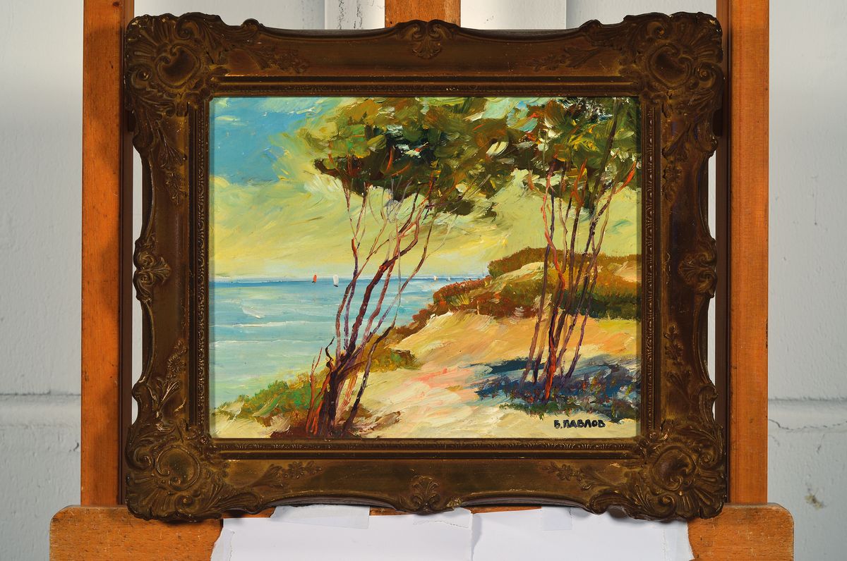 Detail k: Boris Pavlov, 1928-2005, An der Französische Küste bei St.Tropez, Öl/Karton, sign., verso Etikett des Nachlass-Verwalters mit Nachlass-Nr. ...