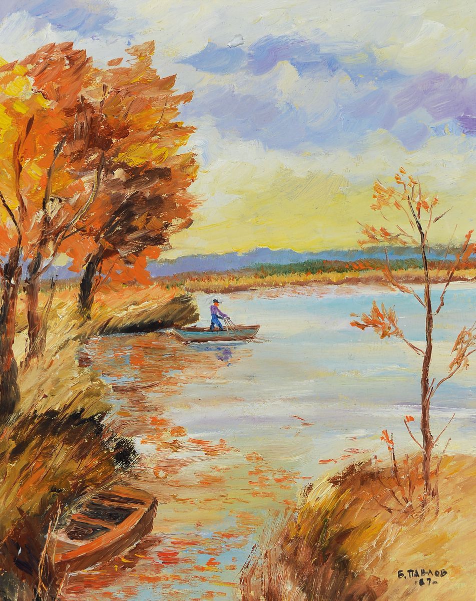 Boris Pavlov, 1928-2005, Herbst im Rhonedelta-Fischer holt seine Netze ein, Öl/Karton, sign., dat. 87, verso Etikett des Nachlass Verwalters mit ...