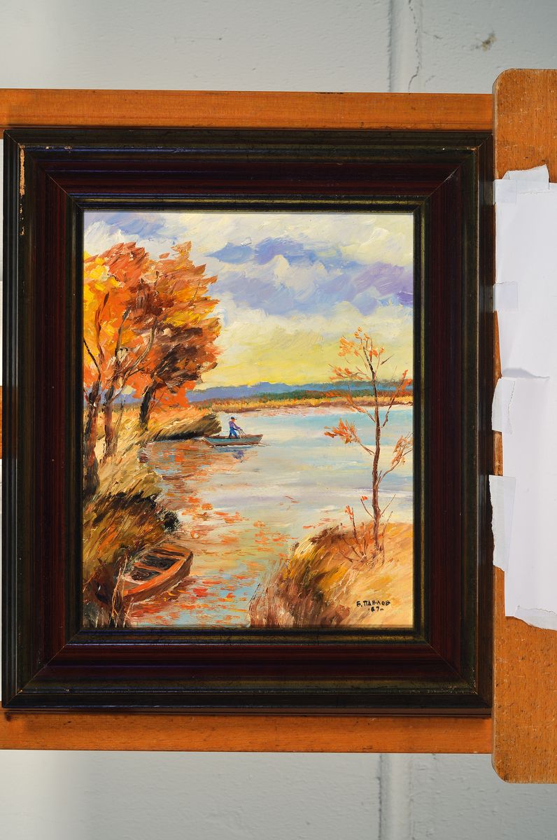 Detail k: Boris Pavlov, 1928-2005, Herbst im Rhonedelta-Fischer holt seine Netze ein, Öl/Karton, sign., dat. 87, verso Etikett des Nachlass Verwalters mit ...