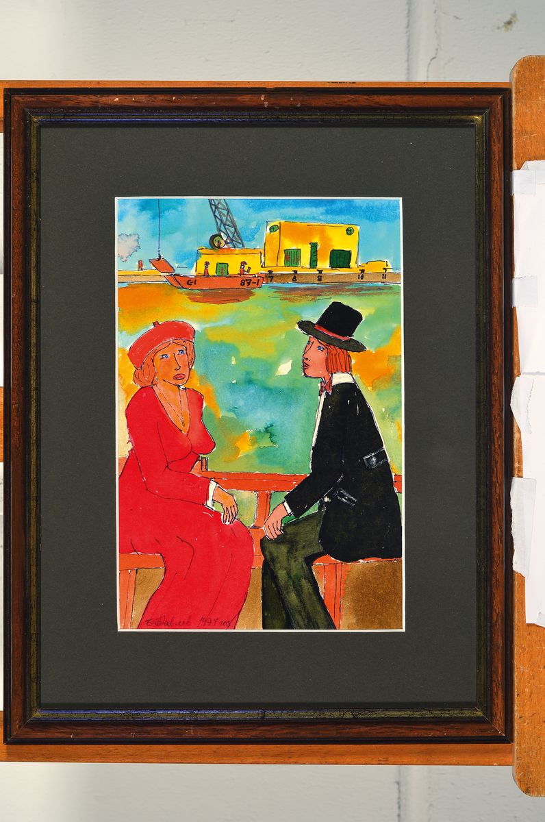 Detail k: Boris Pavlov, 1928-2005, Mit Ludmila an der kleinen Schiffswert, sign., dat. 1974, Mischtechnik/Papier, verso Etikett des Nachlass-Verwalters mit ...