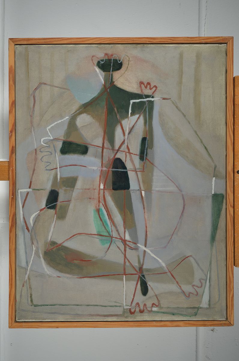Detail k: Wolfgang Gemroth, 1923 Frankfurt - 1983, abstrakte Figurendarstellung, Öl/Lwd, rückseitig mit Nachlaßstempel und Bestätigung des Sohnes, ...