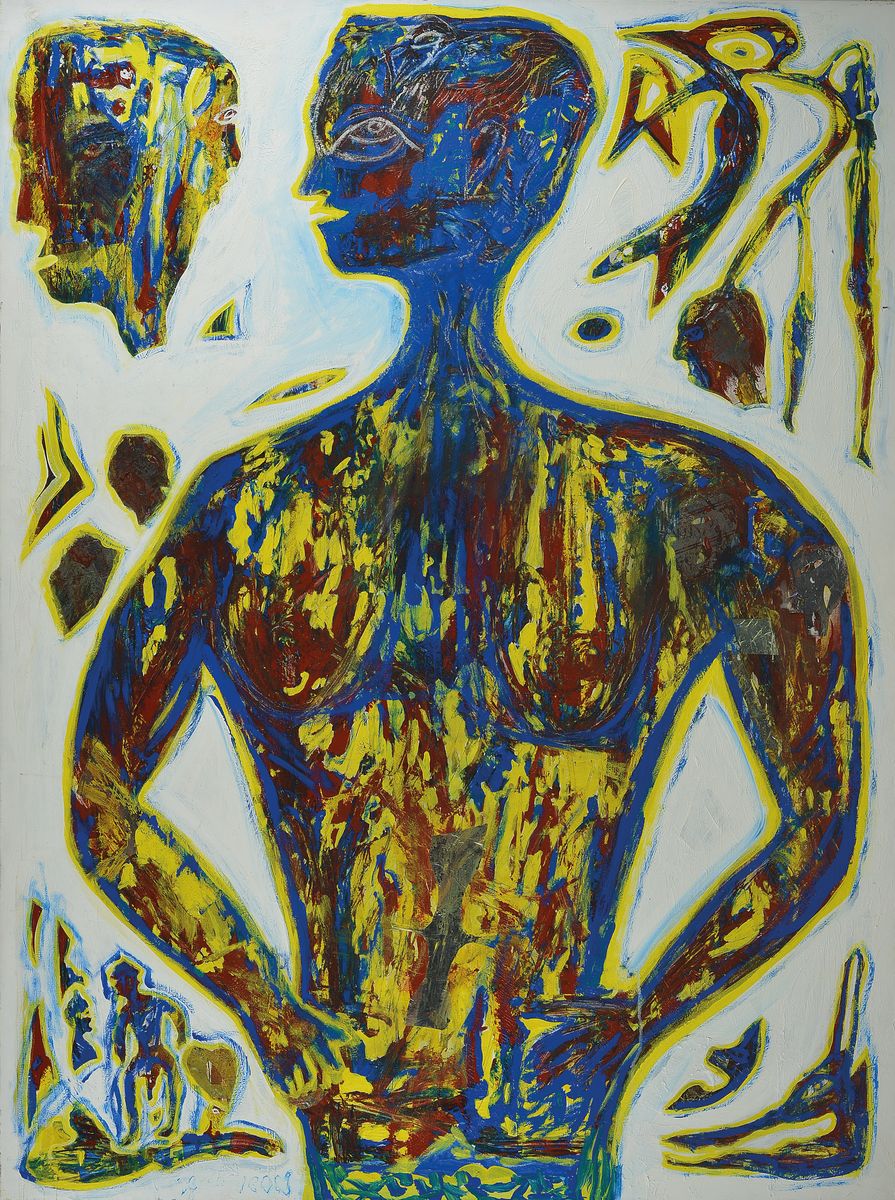 Zimcon, geb. 1938 Hannover, Meisterschüler von A.R. Penck, Acryl und Silberfolie auf Leinwand, verso signiert, ca. 160 x 120 cm