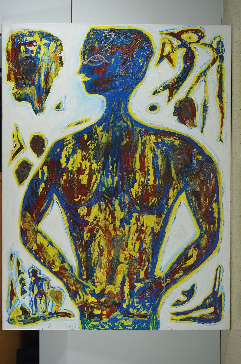 Detail k: Zimcon, geb. 1938 Hannover, Meisterschüler von A.R. Penck, Acryl und Silberfolie auf Leinwand, verso signiert, ca. 160 x 120 cm