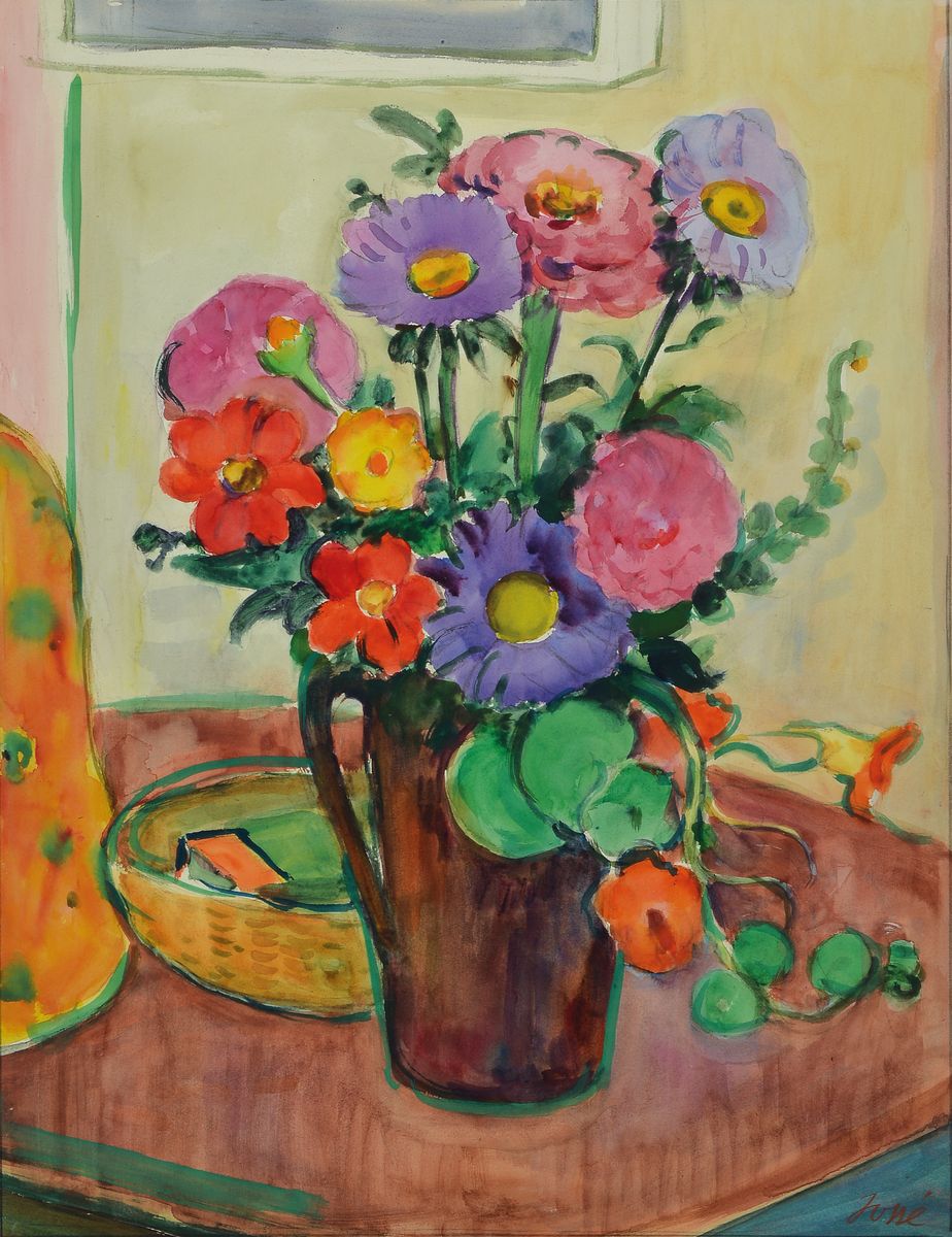 Friedrich Jossé, 1897 Wolfstein-1994 Speyer,Blumenstillleben, Gouache auf Papier, rechts unten signiert, ca. 58x46cm, u.Gl., R. ca. 70x55cm, R.