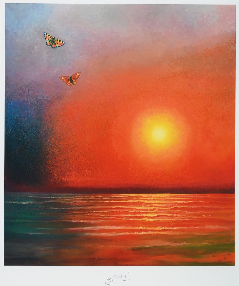 Bruno Bruni, geb. 1935 Gradara, Schmetterlinge vor Sonnenuntergang, Druck, handsigniert, ca. 45x40cm, PP, u.Gl., R. ca. 65x55cm