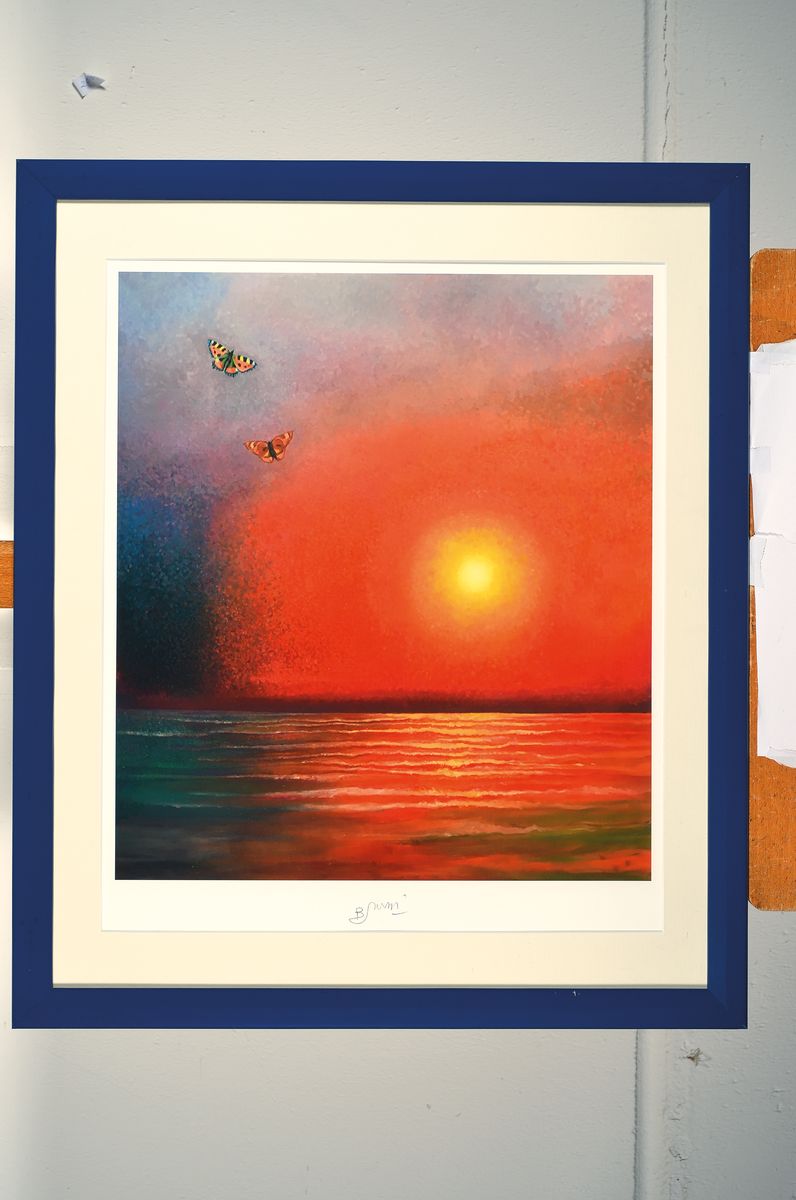 Detail k: Bruno Bruni, geb. 1935 Gradara, Schmetterlinge vor Sonnenuntergang, Druck, handsigniert, ca. 45x40cm, PP, u.Gl., R. ca. 65x55cm