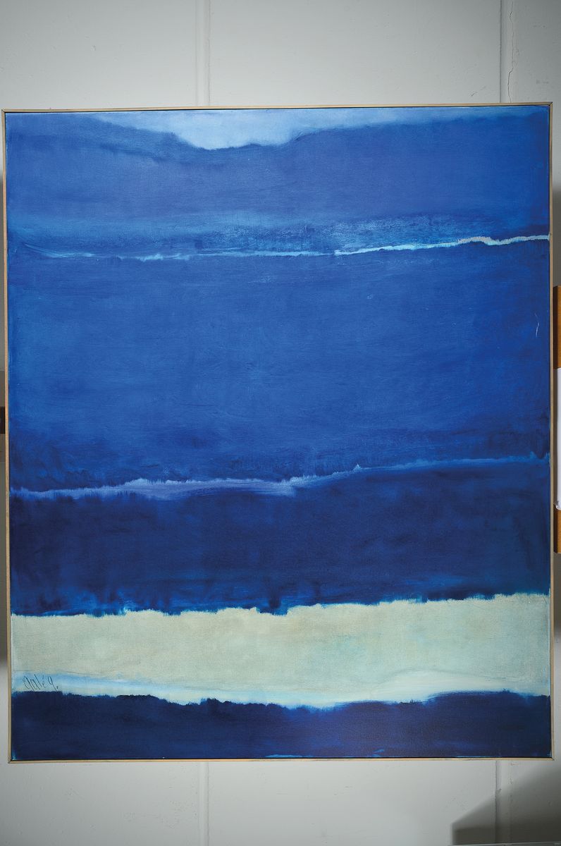 Detail k: Gaston Gale,zeitgenössischer Belgischer Künstler, Abstrakte Komposition in Blau, sign., Leisten 121x101 cm