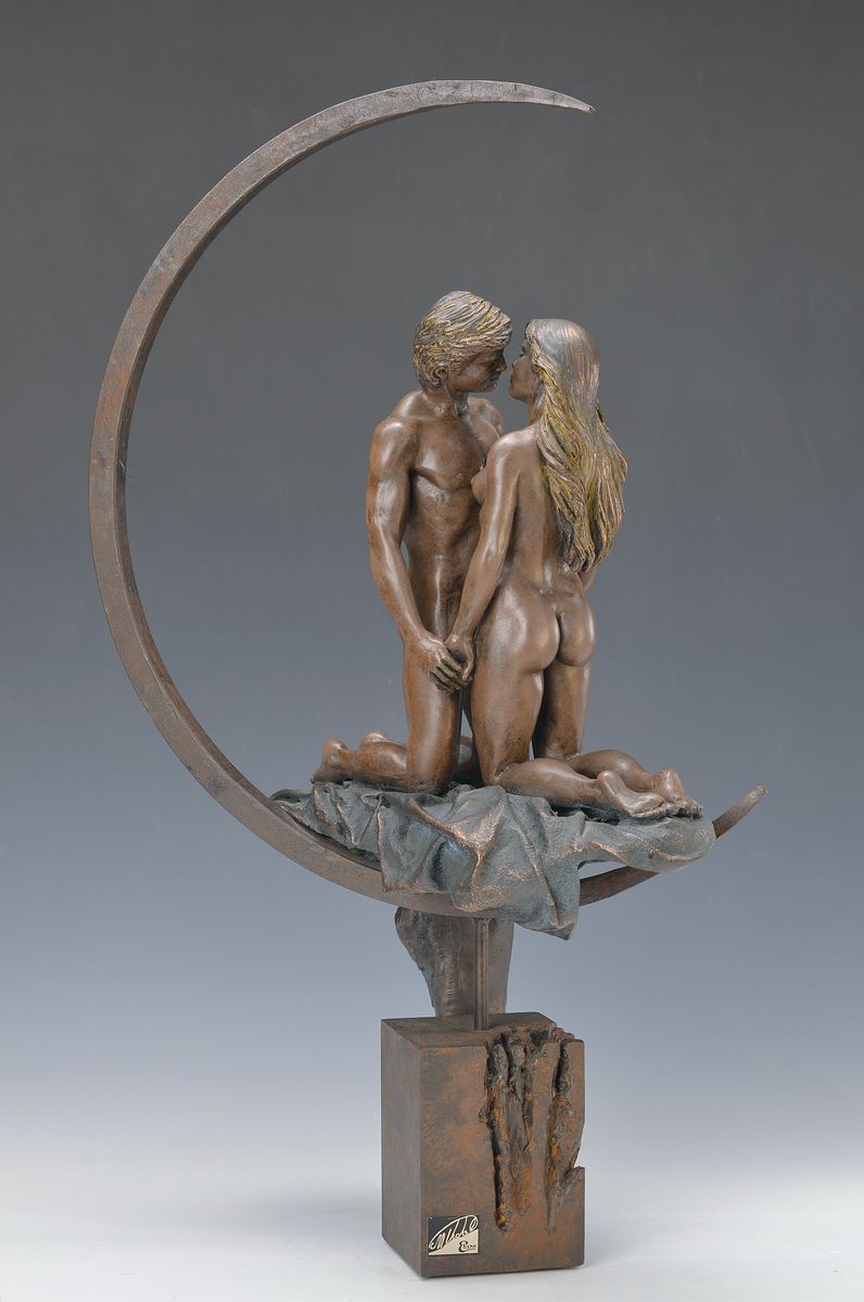 Manuel Vidal geb. 1953, Liebespaar, Metall- Skulptur, auf Sockel Lose, Gesamth. mit Sockel ca. 56 cm