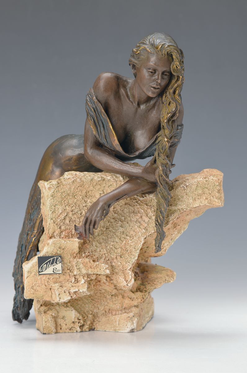 Manuel Vidal geb. 1953, Metallskulptur, Weibliche Akt, sign., Gesamth. ca. 34 cm