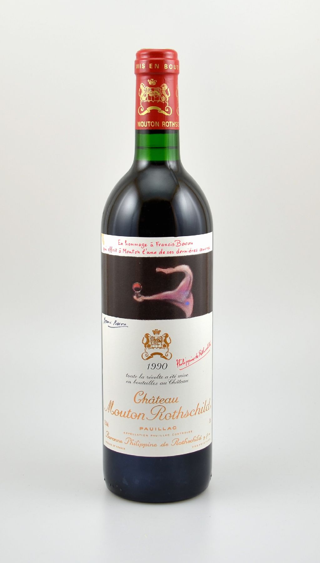 1 Flasche 1990 Chateau Mouton Rothschild, Pauillac, ca. 75 cl, 12,5 % Vol., Füllstand: top shoulder, Etikett min. beschmutzt, im orig. Papier ...
