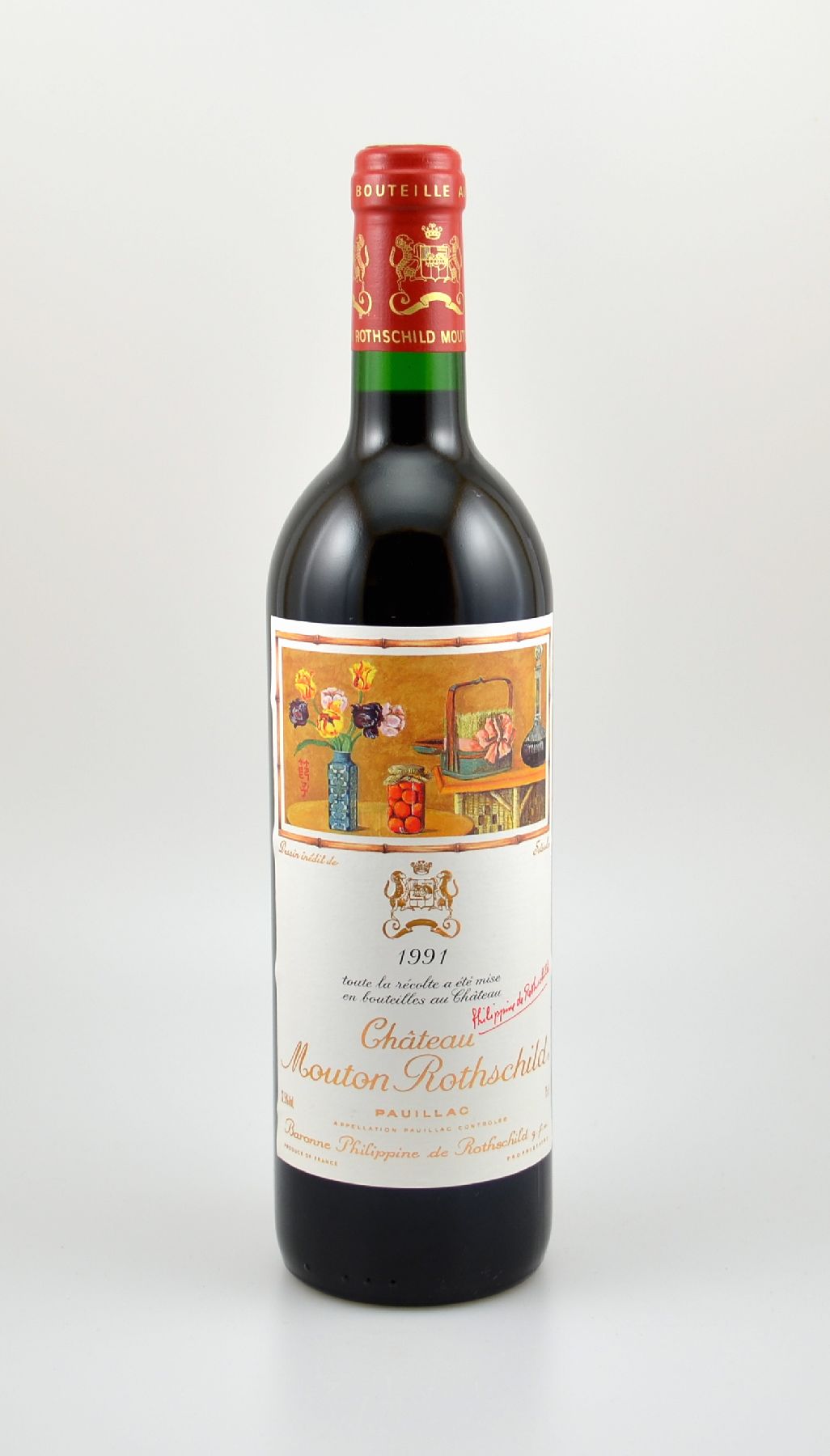 1 Flasche 1991 Chateau Mouton Rothschild, Pauillac, Premier Grand Cru Classe, ca. 75 cl, 12,5 % Vol., Füllstand: into neck, sehr guter ...