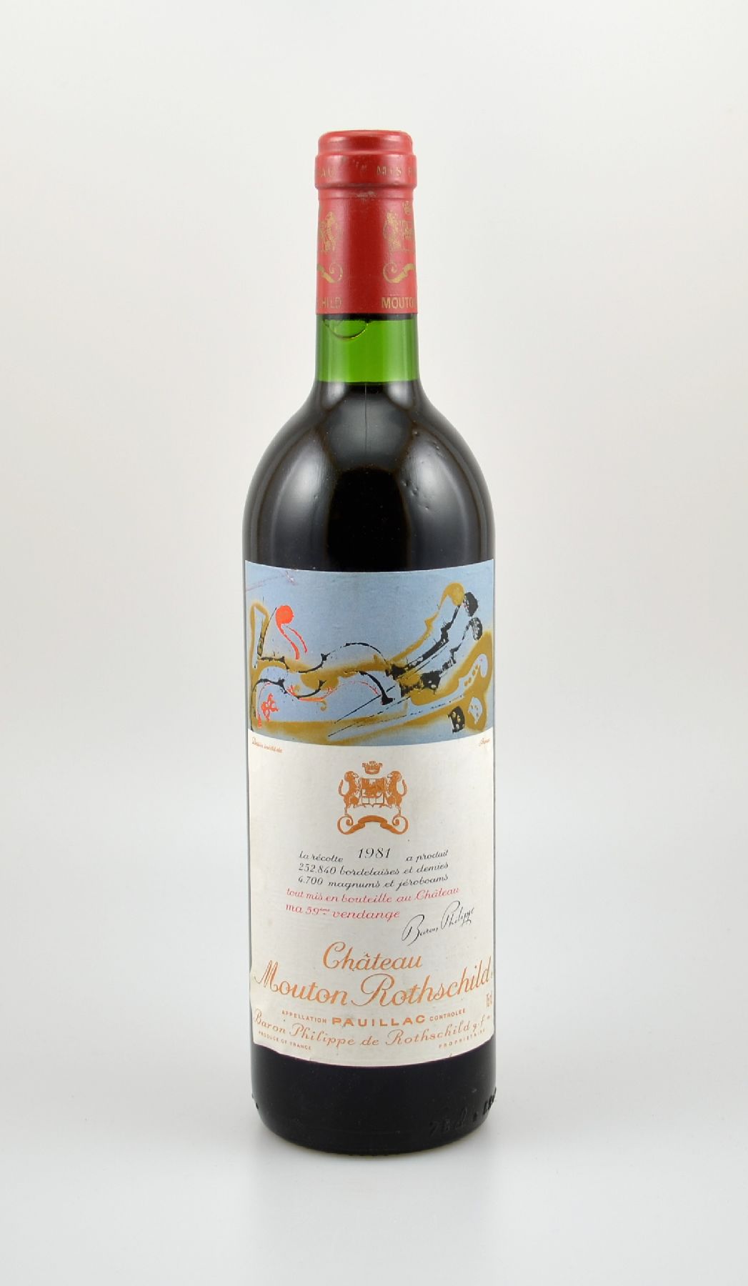 1 Flasche 1981 Chateau Mouton Rothschild, Pauillac, Premier Grand Cru Classe, ca. 75 cl, Füllstand: ca. top shoulder, unverkostet, Künstleretikett: ...