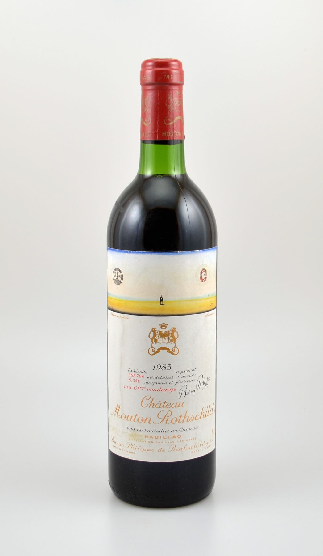 1 Flasche 1983 Chateau Mouton Rothschild, Pauillac, Premier Grand Cru Classe, ca. 75 cl, Füllstand: ca. top shoulder, Etikett l. beschmutzt, ...