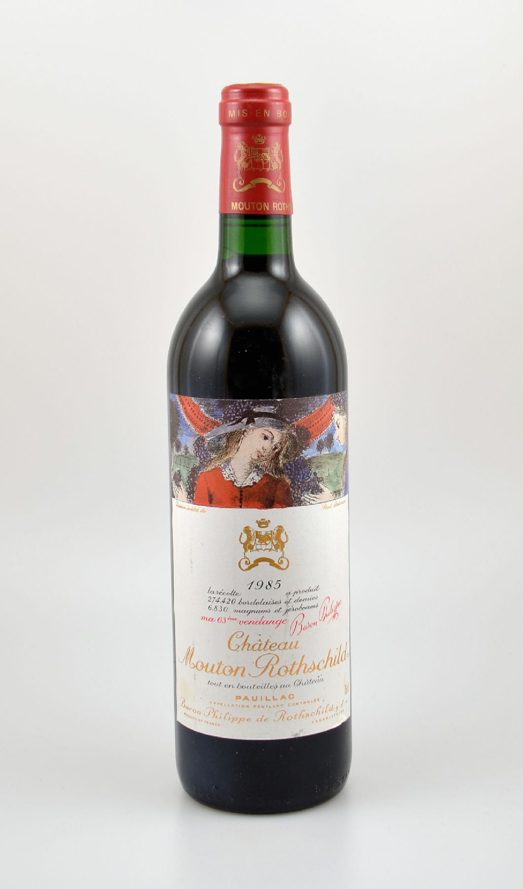 1 Flasche 1985 Chateau Mouton Rothschild, Pauillac, Premier Grand Cru Classe, ca. 75 cl, Füllstand: ca. into neck, Etikett l. beschmutzt bzw. ...