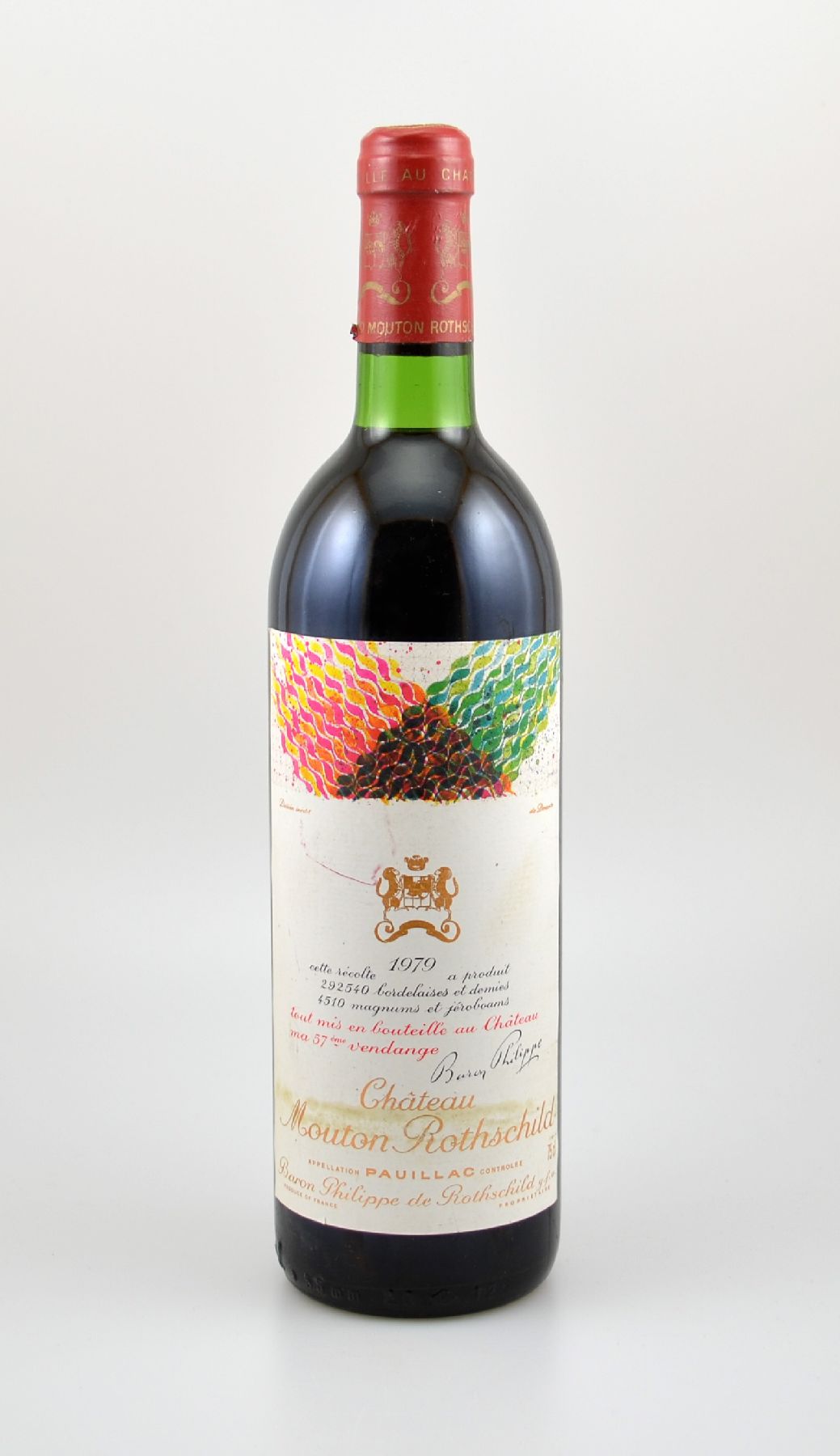1 Flasche 1979 Chateau Mouton Rothschild, Pauillac, Premier Grand Cru Classe, ca. 75 cl, Etikett beschmutzt, unverkostet, Künstleretikett: Hisao ...