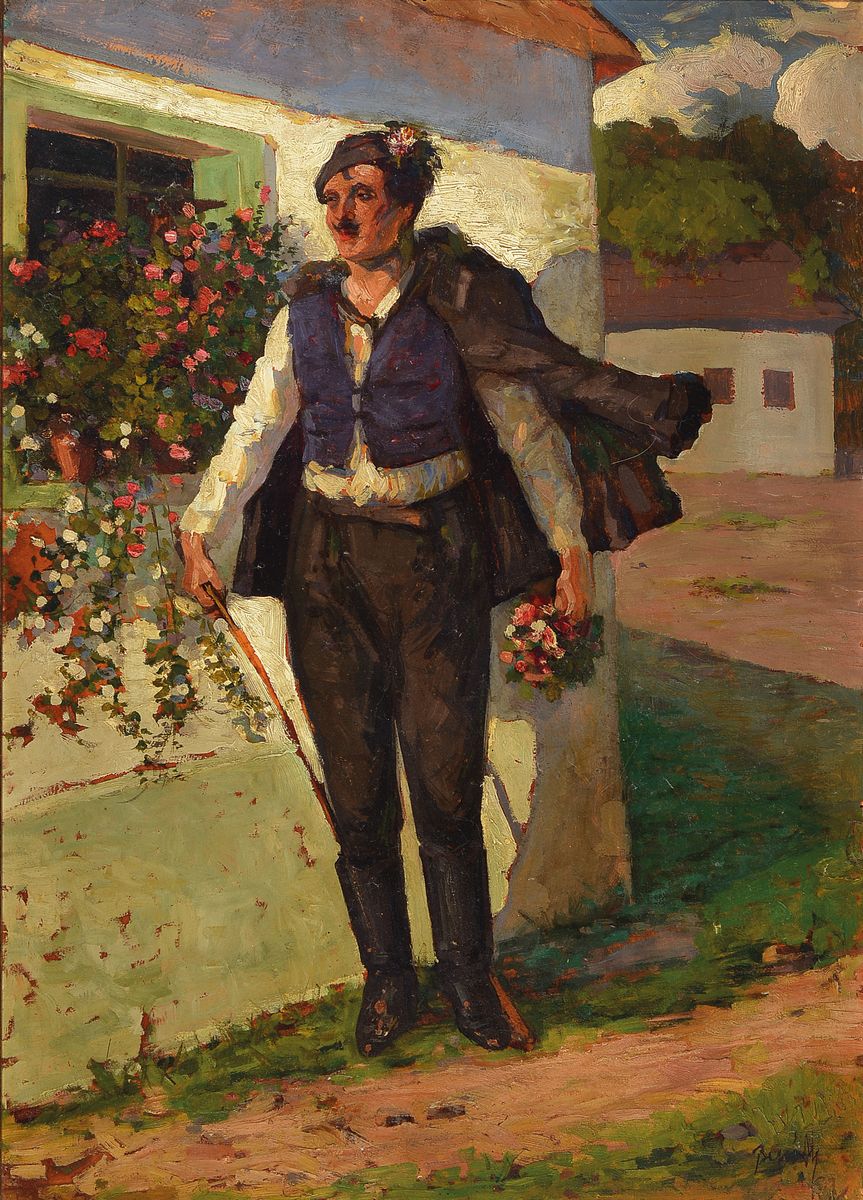 Biro Mihaly, 1886 - 1948, ungarischer Bauer mit Blumenpräsent, Öl/Platte, rechts unten signiert, ca. 70 x 50 cm, Rahmen: 85 x 66 cm, l. ...
