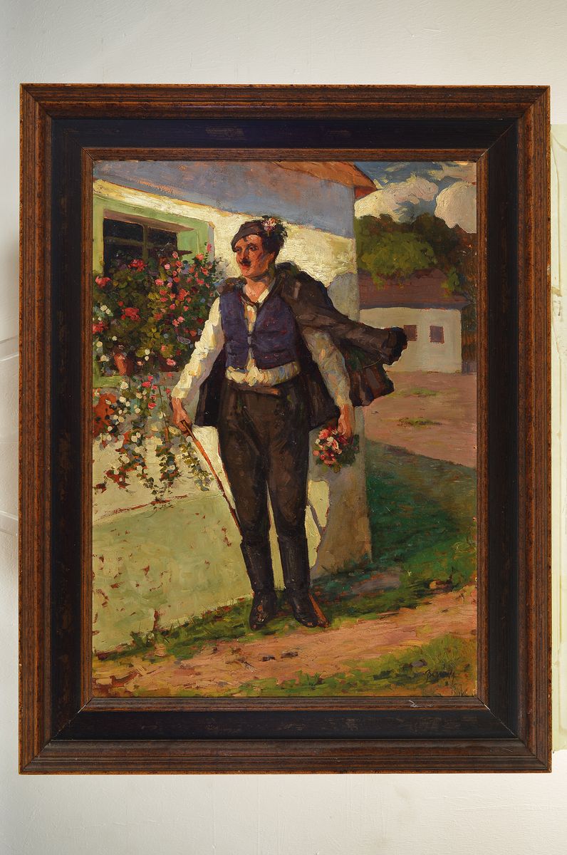 Detail k: Biro Mihaly, 1886 - 1948, ungarischer Bauer mit Blumenpräsent, Öl/Platte, rechts unten signiert, ca. 70 x 50 cm, Rahmen: 85 x 66 cm, l. ...