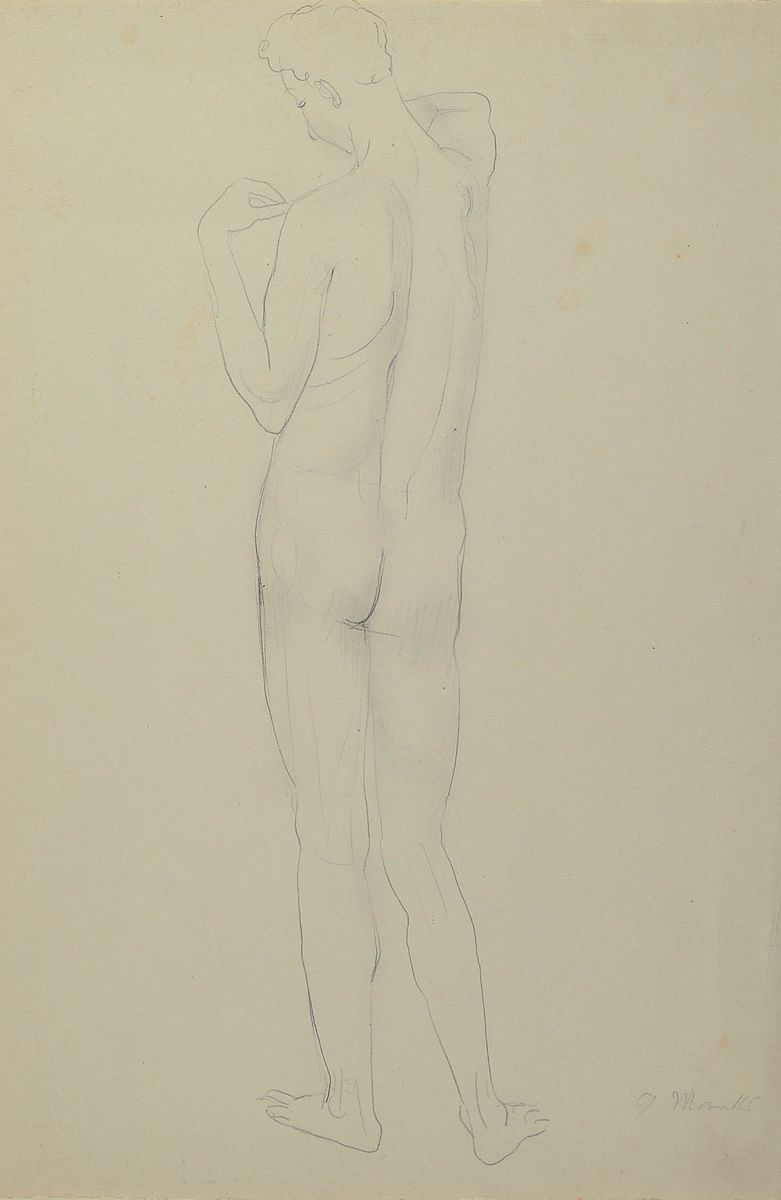 Gerhard Marcks, 1889 Berlin - 1981 Burgbrohl, Bleistiftzeichnung, Rückenakt eines Mannes,signiert, Papier l. fleckig bzw. min. Altersspuren, ca. 38 ...