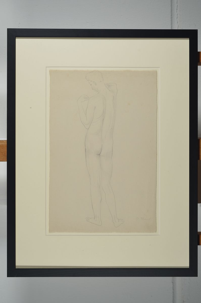 Detail k: Gerhard Marcks, 1889 Berlin - 1981 Burgbrohl, Bleistiftzeichnung, Rückenakt eines Mannes,signiert, Papier l. fleckig bzw. min. Altersspuren, ca. 38 ...