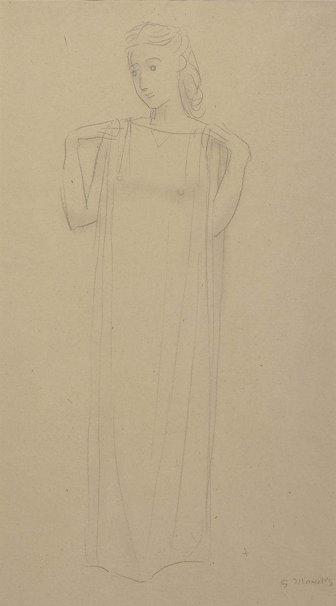 Gerhard Marcks, 1889 Berlin - 1981 Burgbrohl, Bleistiftzeichnung, stehende Frau mit Toga, re. u. signiert, ca. 44 x 25 cm, PP., unter Glas, Rahmen ...