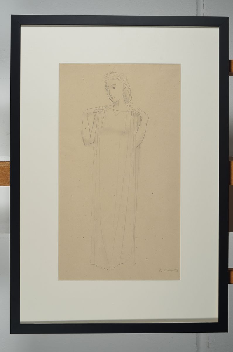Detail k: Gerhard Marcks, 1889 Berlin - 1981 Burgbrohl, Bleistiftzeichnung, stehende Frau mit Toga, re. u. signiert, ca. 44 x 25 cm, PP., unter Glas, Rahmen ...