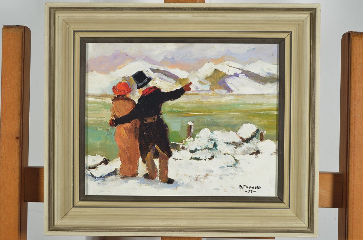 Detail k: Boris Pavlov, 1928-2005 Paris, Winter in den Voralpen bei Alpensee/Nähe Grenoble 1987, Öl/Karton, Nachlass Nr. 36-1649, signiert und dat., ca. 21 x ...