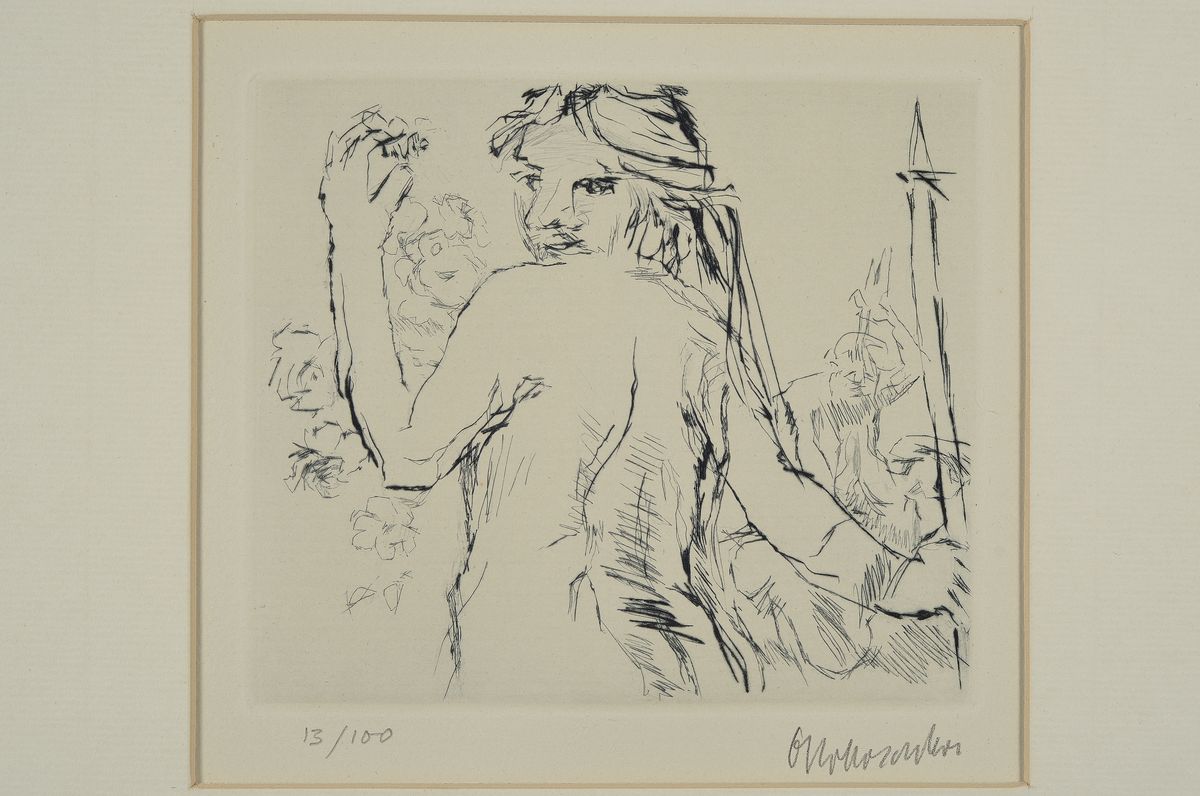 Detail k: Oskar Kokoschka, 1886 - 1980, Kaltnadelradierung auf handgeschöpftem Auvergne-Bütten, Titelradierung zu Kleist, Penthesilea, Trockenstempel ...