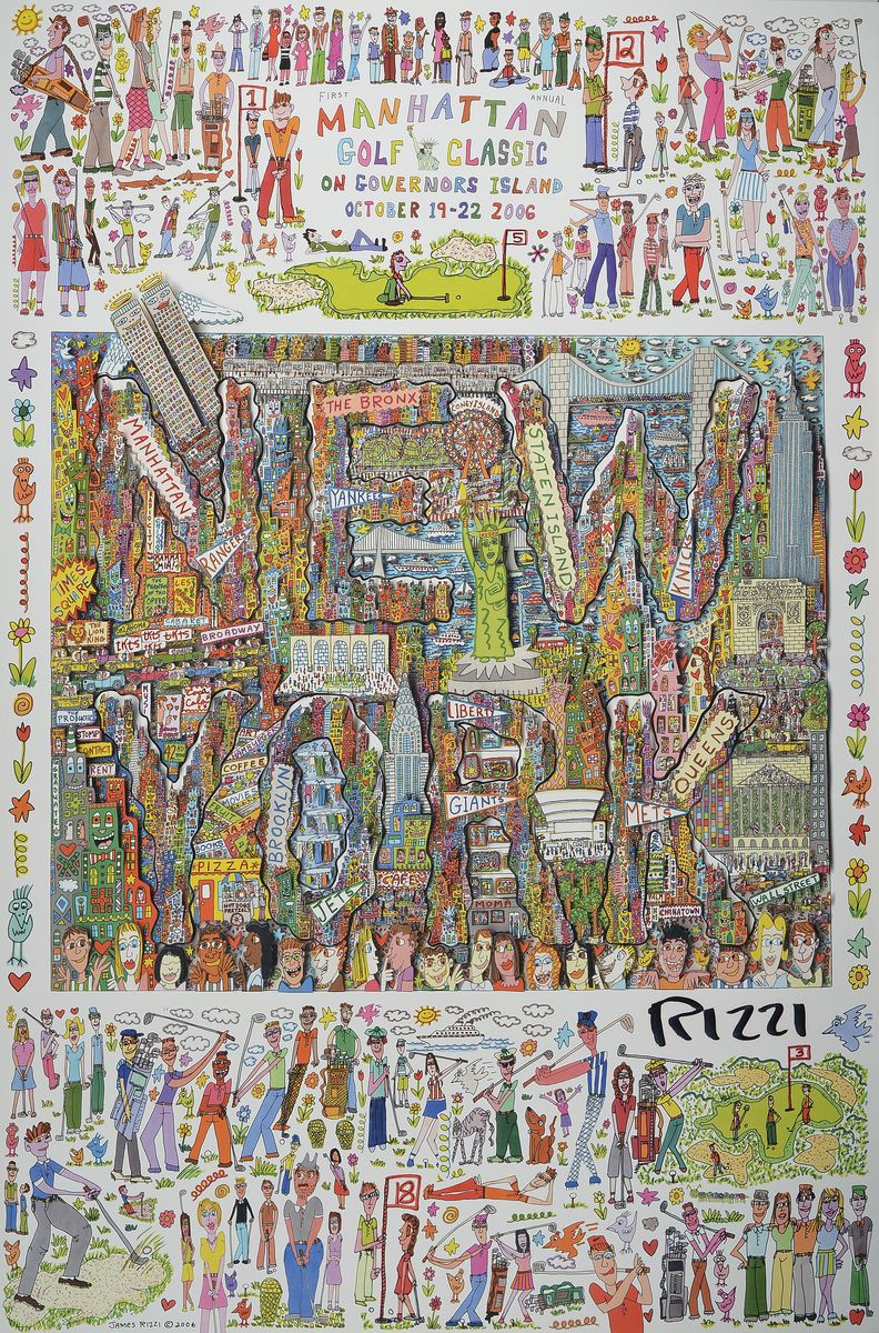 James Rizzi,1950-2011, Plakat zu einem Golftuniert Manhatten, Golf Classic on Governors Island, October 19-22 2006, handsigniert und drucksigniert, ...