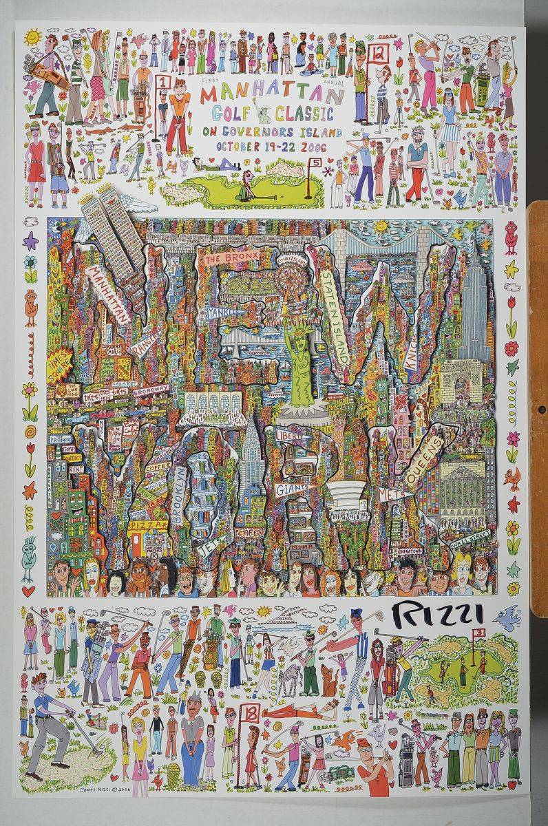 Detail k: James Rizzi,1950-2011, Plakat zu einem Golftuniert Manhatten, Golf Classic on Governors Island, October 19-22 2006, handsigniert und drucksigniert, ...