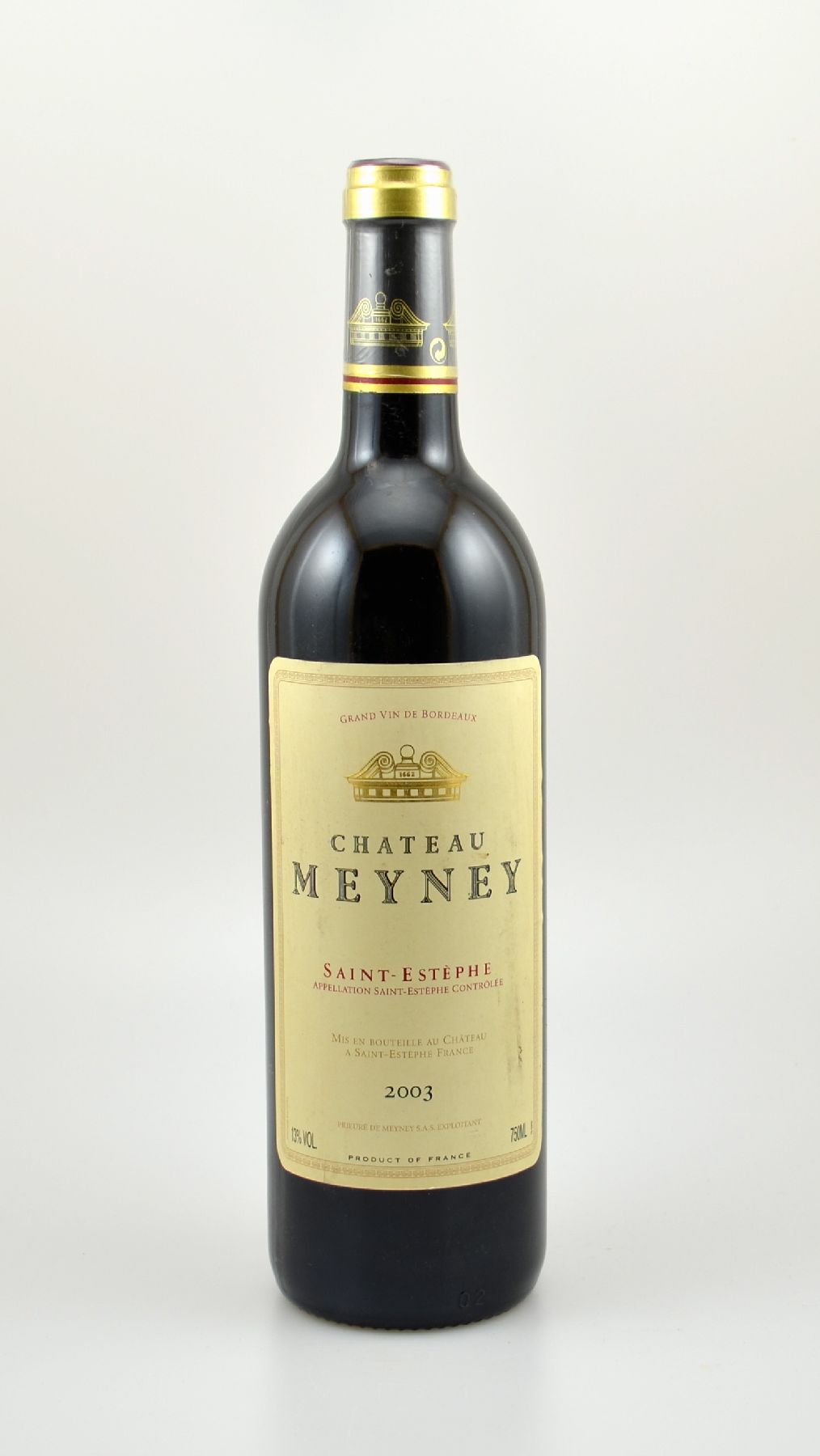 3 Flaschen 2003 Chateau Meyney, Saint-Estephe, je ca. 75 cl, 13 % Vol., Füllstände: je ca. high fill, sehr gute Erhaltungszustände, unverkostet, ...