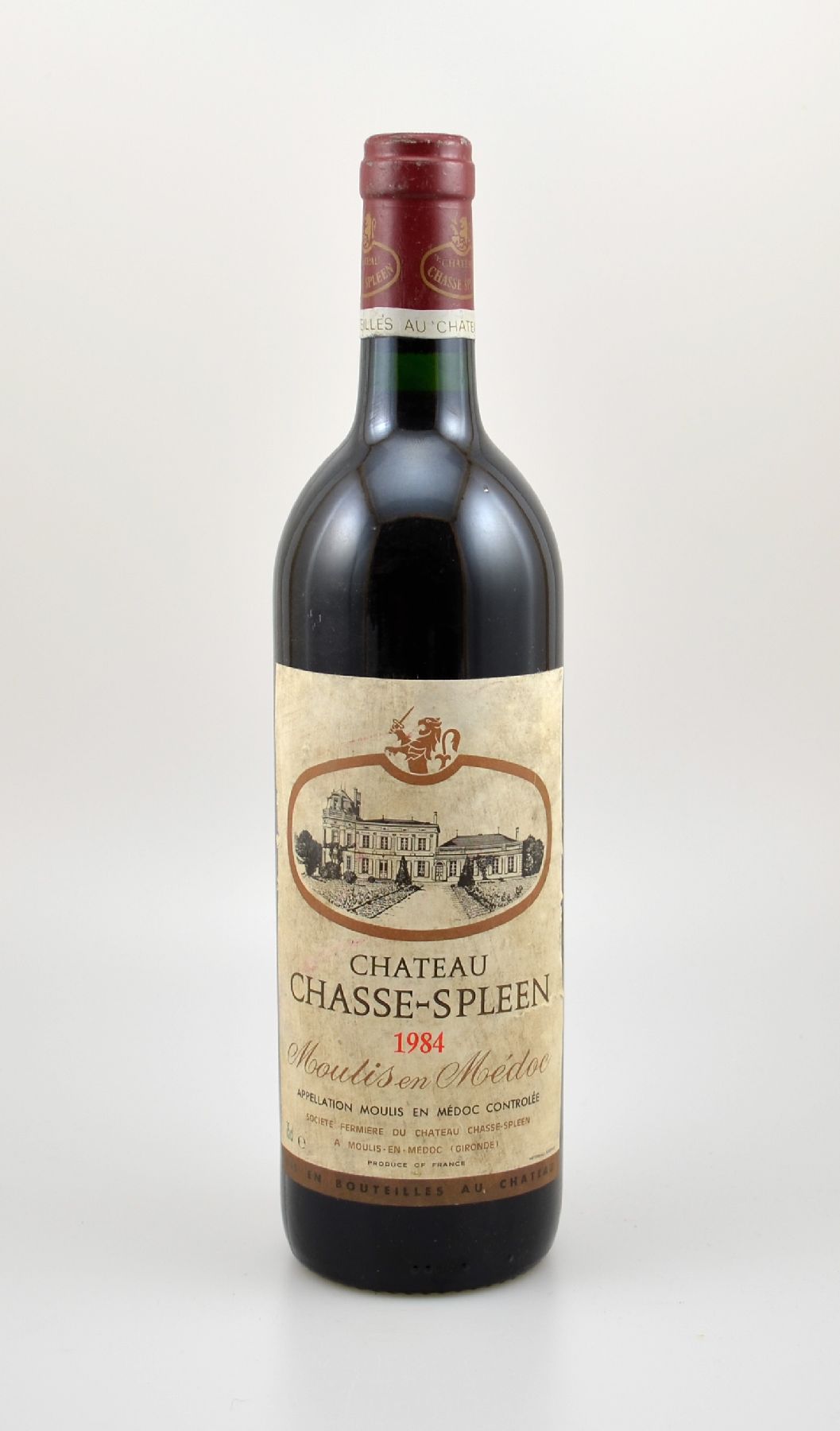 1 Flasche 1984 Chateau Chasse-Spleen, Moulis en Medoc, ca. 75 cl, Füllstand: ca. into neck, Etikett beschmutzt, unverkostet