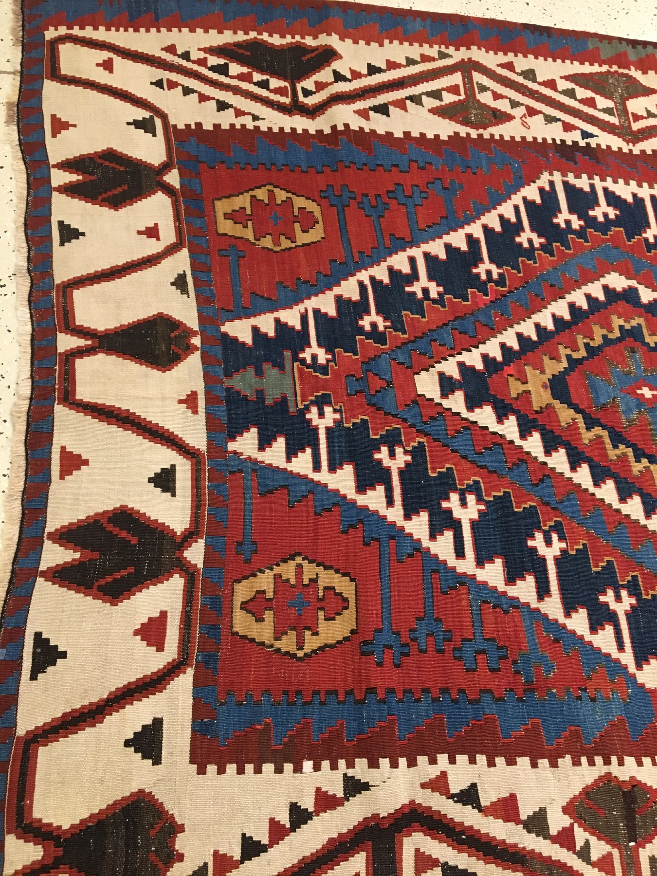 Detail c: Großer Kuba "Kelim" antik, Ostkaukasus, Ende 19.Jhd., Wolle gewebt auf Wolle. Dekorativer Kelim aus der Kuba-Region im selten großen ...