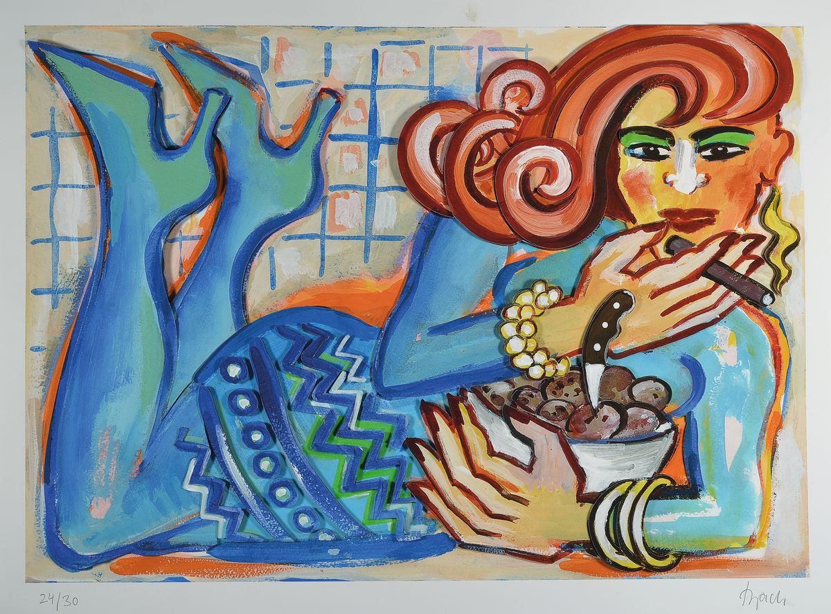 Elvira Bach, zeitgen. Berliner Künstlerin, Azurblau, dreidimensionale Konstruktion, handsigniert, num. 24/30, ca. 54x76cm/61x82cm, Edition Galerie F