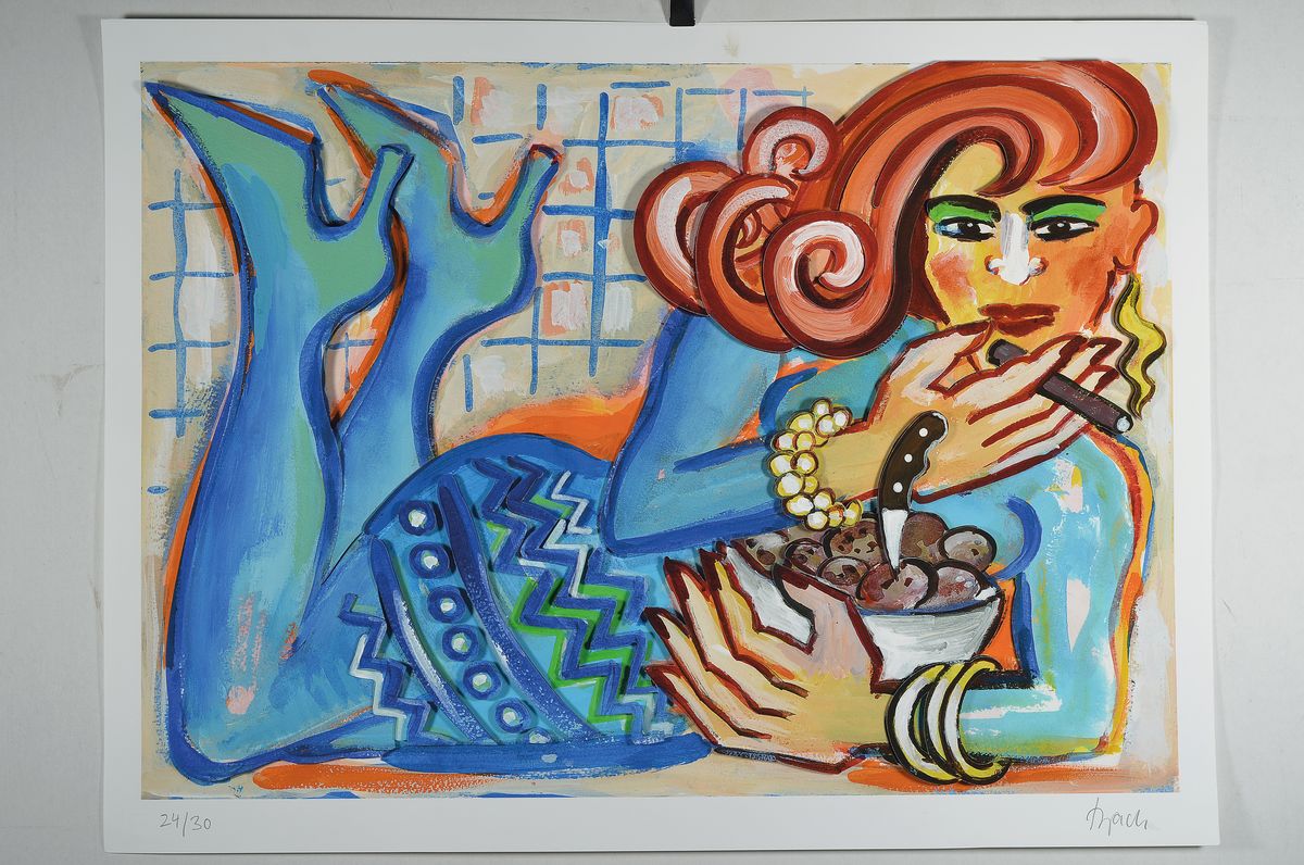 Detail k: Elvira Bach, zeitgen. Berliner Künstlerin, Azurblau, dreidimensionale Konstruktion, handsigniert, num. 24/30, ca. 54x76cm/61x82cm, Edition Galerie F