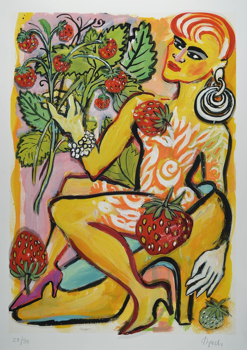 Elvira Bach, zeitgen. Berliner Künstlerin, Im Erdbeerhain, dreidimensionale Konstruktion,handsigniert, num. 29/30, ca. 78x55cm/85x61cm, Edition ...