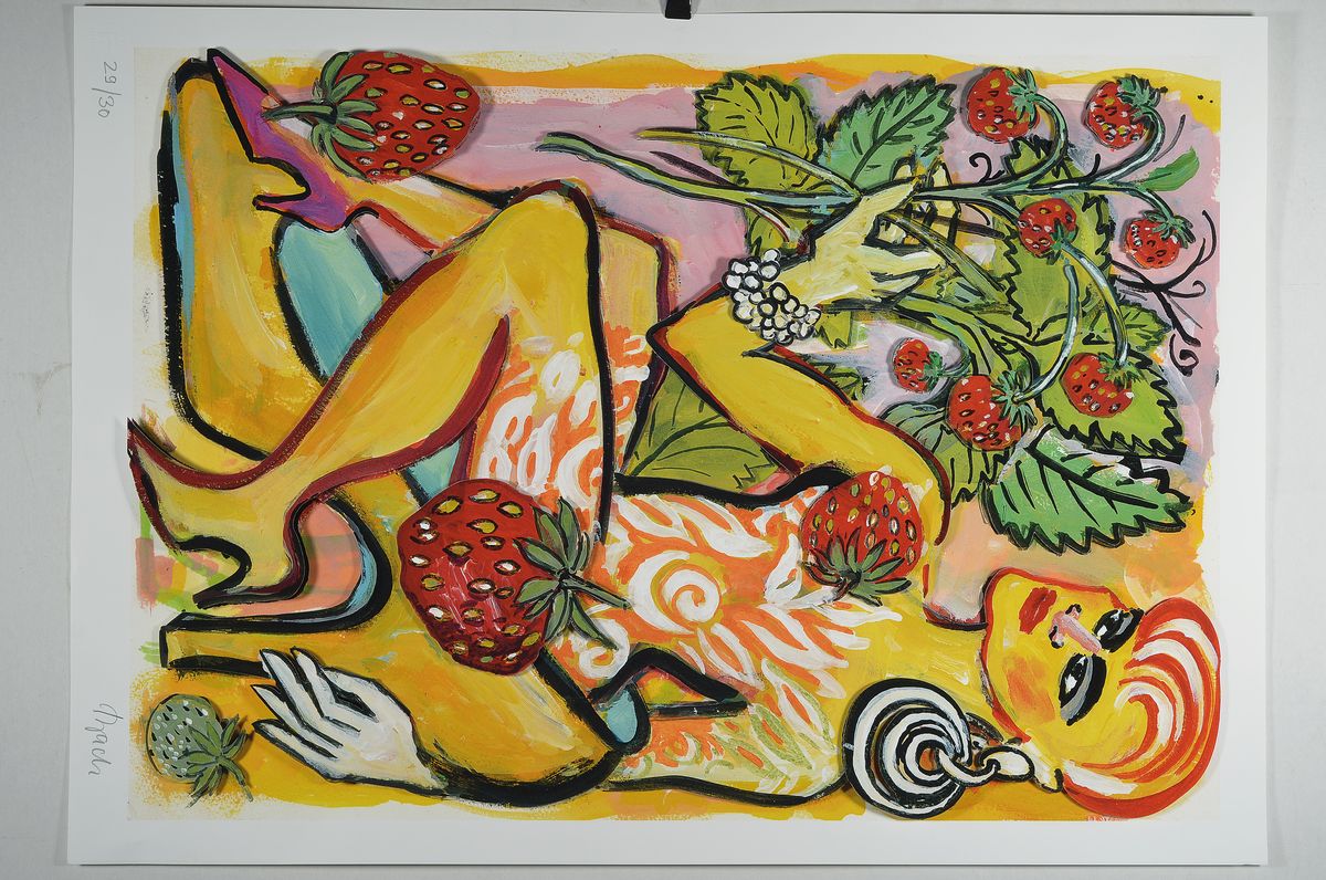 Detail k: Elvira Bach, zeitgen. Berliner Künstlerin, Im Erdbeerhain, dreidimensionale Konstruktion,handsigniert, num. 29/30, ca. 78x55cm/85x61cm, Edition ...