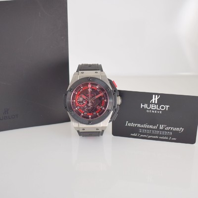 25759393h - HUBLOT Big Bang King Power limited gents wristwatch "UEFA Euro 2012 Poland - Ukraine" with chronograph reference 716.NM.1129.RX.EUR12, self winding, limited edition of 500 pieces world wide, on both sides glazed case in titanium/rubber, glazed back 8-times screwed down, skeletonised dial with applied hour-indices, date, original rubber strap with deployant clasp, diameter approx. 48 mm, length approx. 22 cm, original box & papers, condition 2
