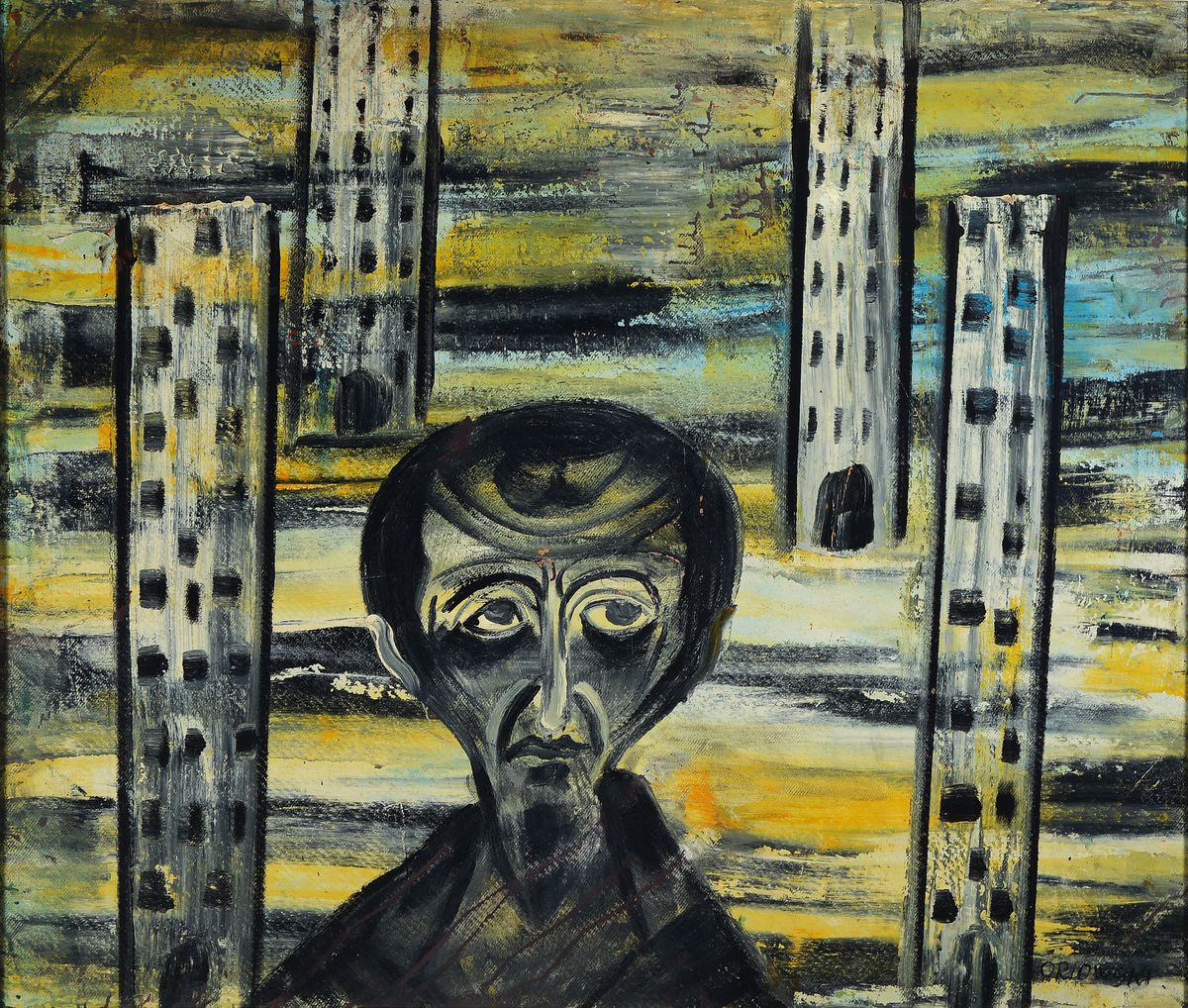 Hans Otto Orlowski, 1894-1967, Mensch zwischen Hochhäusern, Öl/Spanplatte, rechts unten signiert, ca. 85.5x100cm, mit min. Farbabblätterungen.