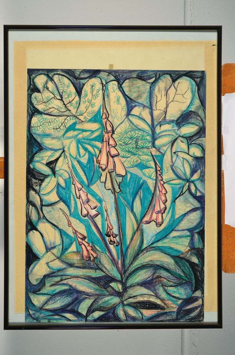 Detail k: Jo Pieper 1893-1971, Gartenstillleben, Buntstift auf Papier, rechts unten signiert, ca. 60x42cm