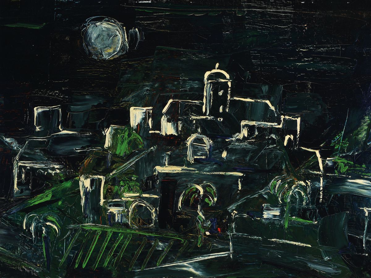 Zuschreibung: Franz Xaver Fuhr, 1898 Mannheim-1973 Regensburg, Blick auf eine Stadt, Öl/ Malkarton, unsigniert, ca. 60x80cm, R.