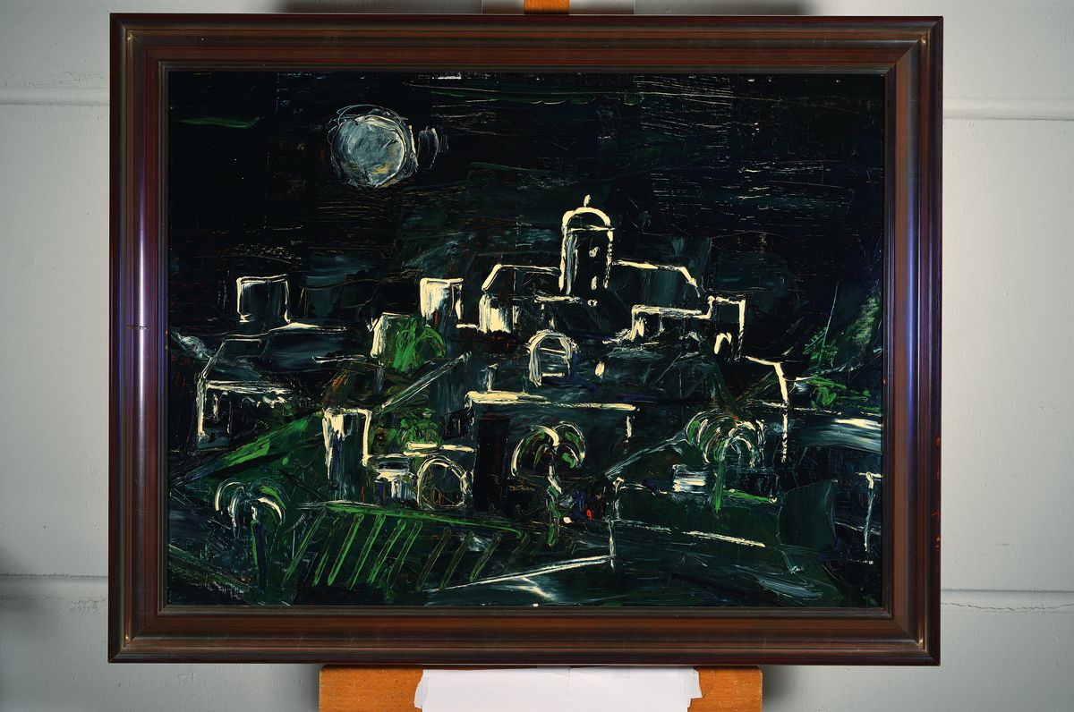 Detail k: Zuschreibung: Franz Xaver Fuhr, 1898 Mannheim-1973 Regensburg, Blick auf eine Stadt, Öl/ Malkarton, unsigniert, ca. 60x80cm, R.