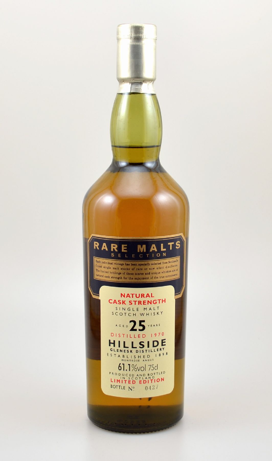 1 Flasche 1970 Single Malt Scotch Whisky, Rare Malts Selection, ca. 75 cl, 61,1 % Vol., distilled at Hillside Glenesk Distillery, 25 Years Old, im ...