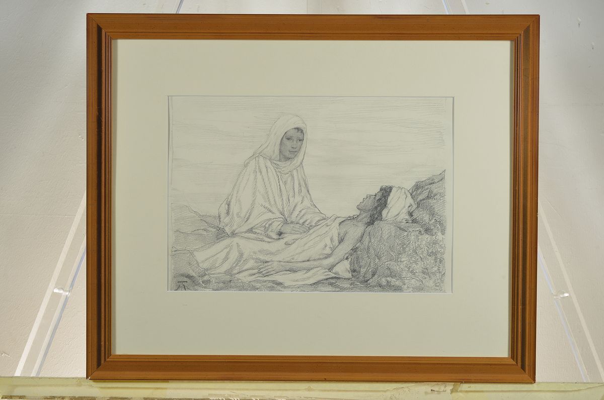 Detail k: Hans Thoma, 1839-1924, Afrikanische Frau einen jungen Mann pflegend, Bleistiftzeichnung auf Papier, links unten monogrammiert, ca. 24x34cm, u.Gl., R. ...
