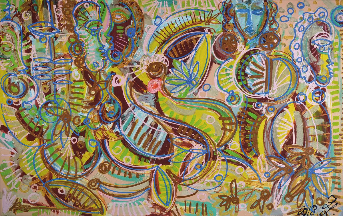 Leon Löwentraut, geb. 1998 Kaiserslautern, Carribean Flair, 12- Farben Pigmentdruck auf Lwd, auf Keilrahmen, von Hand übermalt, was der Arbeit ...