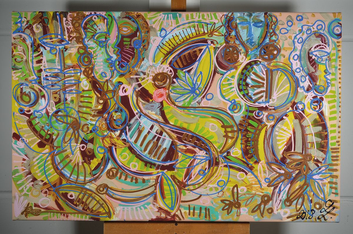 Detail k: Leon Löwentraut, geb. 1998 Kaiserslautern, Carribean Flair, 12- Farben Pigmentdruck auf Lwd, auf Keilrahmen, von Hand übermalt, was der Arbeit ...