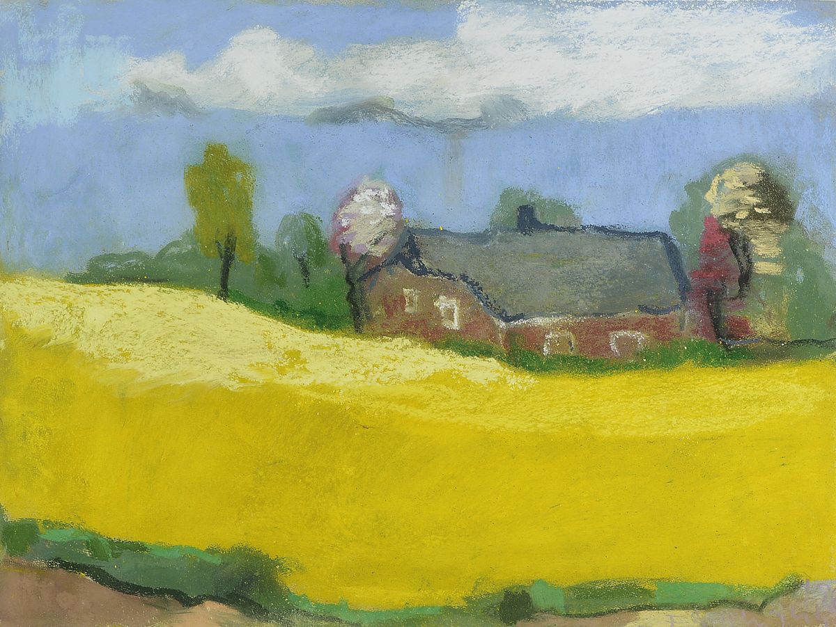 Klaus Fussmann, geb. 1938 Velbert, Landschaft mit Haus, Pastell , signiert und datiert, ca. 42x55 cm , unter Glas gerahmt, gesamt ca. 73x86 cm